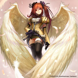  :3 angel angel_wings aquarian_age artist_name black_gloves black_thighhighs bow bowed_wings brown_hair commentary_request detached_sleeves elbow_gloves feathered_wings feathers female frills garter_straps gloves hairbow hat lace large_wings lips long_hair looking_at_viewer photoshop_(medium) puffy_short_sleeves puffy_sleeves red_eyes red_hair short_sleeves side_ponytail skirt smile solo tachikawa_mushimaro thighhighs watermark wings zettai_ryouiki 