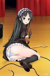  akiyama_mio ass audio_jack bass_guitar black_eyes black_hair commentary_request fallen_down female fuwafuwa_time hairband highres instrument k-on! kneehighs lolita_hairband long_hair looking_back lying on_floor on_side panties panty_pull photoshop_(medium) socks solo stage striped_clothes striped_panties tears thighs tomusooya underwear 