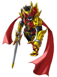  1boy armor cape commentary_request full_armor full_body gauntlets gold_armor kamen_rider kamen_rider_kiva kamen_rider_kiva_(emperor_form) kamen_rider_kiva_(series) looking_at_viewer male_focus simple_background solo spoiled_kandume standing sword tokusatsu weapon white_background 