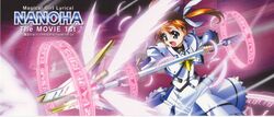  copyright_name energy_beam energy_wings feathers female fingerless_gloves gloves hair_ribbon highres lyrical_nanoha magic_circle magical_girl mahou_shoujo_lyrical_nanoha mahou_shoujo_lyrical_nanoha_the_movie_1st okuda_yasuhiro purple_eyes raising_heart raising_heart_(cannon_mode) red_hair ribbon screaming solo takamachi_nanoha takamachi_nanoha_(movie_1st_mode) twintails wings 