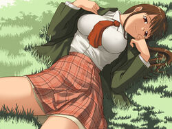  artist_request breasts brown_eyes brown_hair covered_nipples female grass jacket konjiki_no_gash!! large_breasts long_hair lying necktie oumi_megumi plaid plaid_skirt school_uniform skirt smile solo 