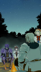  2boys 2girls alice_margatroid animal_ears armor blonde_hair blue_eyes buront commentary_request crossover dragoon dragoon_(final_fantasy) elf elvaan emu_(losspass) final_fantasy final_fantasy_xi hairband hat helmet multiple_boys multiple_girls mystia_lorelei night night_sky pink_eyes pink_hair pointy_ears ryu-san short_hair sky star_(sky) starry_sky the_iron_of_yin_and_yang touhou white_hair wings 