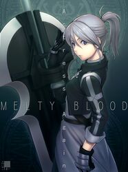  blue_eyes commentary_request female gloves grey_hair highres huge_weapon lips looking_back melty_blood nfb-zmc nose pile_bunker ponytail riesbyfe_stridberg shield solo true_apocrypha tsukihime weapon 