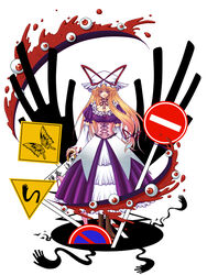  blonde_hair bug butterfly commentary_request female gap_(touhou) hat highres kisaragi_you long_hair purple_eyes road_sign sign solo touhou umbrella yakumo_yukari 