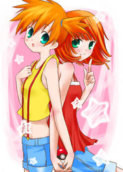  2girls back-to-back bad_id bad_pixiv_id bare_shoulders blush crop_top dual_persona green_eyes holding holding_hands holding_poke_ball interlocked_fingers kasumi_(pokemon) midriff multiple_girls open_mouth orange_hair parody poke_ball poke_ball_(basic) pokemon pokemon_adventures red_hair short_hair shorts side_ponytail smile star_(symbol) strib_und_werde suspenders time_paradox 