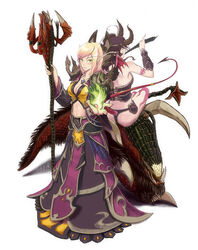  2girls artist_request blonde_hair blood_elf_(warcraft) blush breasts cleavage demon_girl dress fel_hunter horns long_hair magic medium_breasts midriff monster_girl multiple_girls player_character_(wow) pointy_ears staff succubus_(warcraft) warcraft warlock_(warcraft) world_of_warcraft 