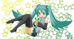  aqua_eyes aqua_hair commentary_request detached_sleeves female hatsune_miku headphones headset heart legs long_hair necktie pot skirt smile solo spring_onion takamaru_(minamimachi_seisakusho) thighhighs twintails vocaloid zettai_ryouiki 