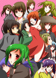  6+girls \m/ bad_id bad_pixiv_id black_hair blue_eyes blush brown_eyes china_dress chinese_clothes double_bun dress everyone eyepatch genderswap_(mtf) gintama glasses green_hair hair_bun highres ikumatsu japanese_clothes kagura_(gintama) kijima_matako long_hair microphone multiple_girls mutsu_(gintama) okita_mitsuba okita_sougo one_eye_closed orange_hair polka_dot red_eyes rule_63 sakata_gintoki sarutobi_ayame short_hair suta102 tama_(gintama) terakado_tsu tokugawa_soyo tsukuyo_(gintama) yagyuu_kyuubei 