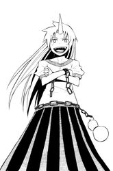  chains commentary_request crossed_arms female gourd greyscale grin highres horns hoshiguma_yuugi karu_(ishiken) long_hair long_skirt millipen_(medium) monochrome nib_pen_(medium) open_mouth pleated_skirt shirt single_horn skirt smile solo t-shirt touhou traditional_media 