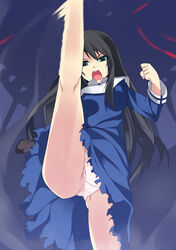  axe_kick blue_dress date_(senpen) dress female gloves high_kick kara_no_kyoukai kicking kokutou_azaka legs long_dress long_hair long_sleeves neckerchief panties pantyshot reien_girl&#039;s_academy_school_uniform school_uniform sleeve_cuffs solo split standing standing_on_one_leg standing_split torn_clothes torn_dress underwear unworn_gloves white_neckerchief 