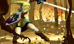  1boy blonde_hair blue_eyes commentary_request forest gloves hat hylian_shield link male_focus master_sword nature oom pointy_ears shield solo sword the_legend_of_zelda the_legend_of_zelda:_twilight_princess weapon 