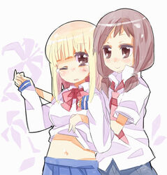  2girls bad_id bad_pixiv_id blonde_hair brown_hair clothes_lift fukuji_mihoko kuma_jet midriff multiple_girls one_eye_closed painttool_sai_(medium) saki_(manga) school_uniform shirt_lift takei_hisa tears 