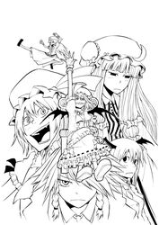  6+girls bat_wings braid commentary_request flandre_scarlet flying_kick greyscale hair_over_one_eye hat head_wings highres hong_meiling izayoi_sakuya karu_(ishiken) kicking koakuma millipen_(medium) monochrome multiple_girls nib_pen_(medium) patchouli_knowledge remilia_scarlet sharp_teeth teeth touhou traditional_media twin_braids wings 