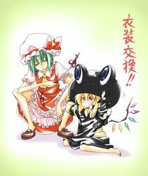  2girls animal_costume barefoot blonde_hair commentary_request cosplay costume_switch flandre_scarlet flandre_scarlet_(cosplay) fran_(reborn) green_hair hana_azuki hat katekyo_hitman_reborn! laevatein_(touhou) multiple_girls ponytail red_eyes short_hair side_ponytail touhou wings 