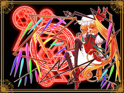  alternate_wings blonde_hair border brown_border commentary_request crystal female flandre_scarlet hat hexagram high_heels kisaragi_you long_hair magic_circle mary_janes one_side_up outline pantyhose ponytail red_eyes shoes solo stuffed_animal stuffed_toy touhou white_outline wings 