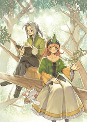  1boy bad_id bad_pixiv_id book branch dress earrings female final_fantasy final_fantasy_iii glasses grey_hair hairband in_tree jacket jewelry leaf letter long_hair luneth moogle nama_(tadpole) orange_hair ponytail reading refia scholar_(final_fantasy) sitting sitting_in_tree smile summoner_(final_fantasy) tree 