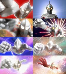  6+boys anime_screenshot battle kaette_kita_ultraman multiple_boys ultra_series ultraman ultraman_(1st_series) ultraman_ace ultraman_ace_(series) ultraman_dyna ultraman_dyna_(series) ultraman_gaia ultraman_gaia_(series) ultraman_jack ultraman_mebius ultraman_mebius_(series) ultraman_tiga ultraman_tiga_(series) ultraseven ultraseven_(series) 