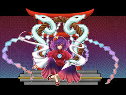  commentary_request female hairband kisaragi_you mirror purple_hair red_eyes rope sandals shide shimenawa short_hair sitting snake solo torii touhou yasaka_kanako 