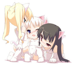  3girls animal_ears cat_ears cat_tail chibi commentary_request multiple_girls original tail thighhighs twintails yamano_sachi 