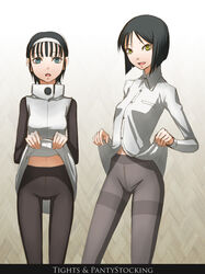  2girls black_hair black_legwear blue_eyes bob_cut clothes_lift commentary_request crotch_seam dress_shirt hairband midriff multiple_girls original pantyhose shirt shirt_lift short_hair smile thigh_gap thighband_pantyhose yellow_eyes zou_azarashi 