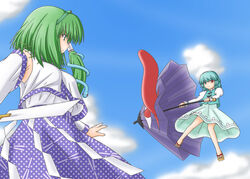  2girls blue_hair cloud commentary_request day detached_sleeves flying geta green_eyes green_hair hair_ornament heterochromia karakasa_obake kochiya_sanae kusanagi_ryuuichi multiple_girls photoshop_(medium) purple_umbrella short_hair sky tatara_kogasa touhou umbrella 