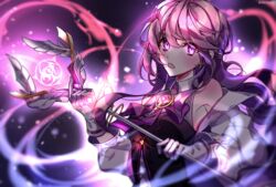  aether_sage_(elsword) aisha_landar armpits aura bad_id bad_pixiv_id bare_shoulders elsword female highres holding holding_weapon jtlo123412 looking_at_viewer magic_circle open_mouth purple_eyes purple_hair solo staff symbol upper_body weapon wings 