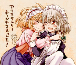  2girls alice_margatroid arata_iri blonde_hair braid closed_eyes grey_hair hair_ribbon hairband hug hug_from_behind izayoi_sakuya maid maid_headdress multiple_girls nuzzle one_eye_closed red_eyes ribbon smile thighhighs touhou translation_request white_legwear 