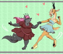  2016 antelope anthro aurelina_canidae barefoot blonde_hair blush bovid breasts canid canine canis claws cleavage closed_eyes clothed clothing dancing disney duo feet female female/female footwear fur gazelle gazelle_(zootopia) grant&#039;s_gazelle grey_body grey_fur hair hair_bun hand_holding heart_symbol hi_res interspecies male mammal myan_(artist) myanarts nanger on_one_leg open_mouth open_smile overweight overweight_female pattern_background predator/prey shoes simple_background smile standing toe_claws true_antelope wolf zootopia 