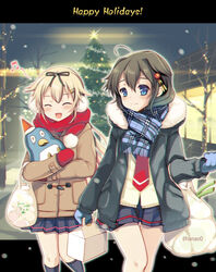  2girls ^_^ ahoge bag black_hair black_legwear blonde_hair blue_eyes blue_gloves blue_scarf braid christmas closed_eyes commentary_request failure_penguin gloves hair_flaps hair_ornament hair_ribbon hairclip kantai_collection kneehighs kumao_mofumofu long_hair mittens multiple_girls plaid plaid_scarf red_gloves red_scarf ribbon scarf shigure_(kancolle) shigure_kai_ni_(kancolle) shopping_bag single_braid socks winter_clothes yuudachi_(kancolle) yuudachi_kai_ni_(kancolle) 