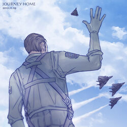  1boy a-chako ace_combat ace_combat_5 aircraft airplane alvin_h_davenport belt blue_sky brown_hair cloud cloudy_sky commentary_request day f-14_tomcat facial_hair fighter_jet gloves jet long_sleeves lowres military military_uniform military_vehicle photoshop_(medium) pilot pilot_suit sky uniform waving waving_arm 