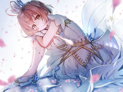  akami_fumio blurry blurry_foreground brown_hair cardcaptor_sakura cardcaptor_sakura_clear_card_arc closed_mouth commentary_request crown crystal depth_of_field dress dutch_angle feathered_wings female green_eyes hair_between_eyes head_tilt high_heels highres kinomoto_sakura kinomoto_sakura_(crystal_feather_dress) leaning_forward looking_at_viewer looking_to_the_side low_wings mini_crown petals shoes sitting sleeveless sleeveless_dress smile solo star_(symbol) white_dress white_footwear white_wings wings 