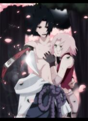  1boy annria2002 black_hair cherry_blossoms chokutou couple cuts female forehead_protector gloves green_eyes highres injury konohagakure_symbol naruto naruto_(series) out_of_character pink_hair sakura_haruno source_request straight sword topless topless_male uchiha_sasuke weapon 