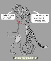  anthro canid canine canis cheetah closed_eyes conditional_dnp delkon digital_media_(artwork) felid feline female hi_res hug jackal julia_(delkon) love male male/female mammal nude roman romantic romantic_ambiance romantic_couple rome servius_(delkon) simple_background smile text the_feast_of_nero 