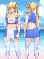  ass back bare_shoulders blonde_hair bracelet breasts brown_eyes female female highres jewelry large_breasts legs long_hair looking_at_viewer midriff navel nightmare_express ocean shimano_natsume skirt sky solo standing thighhighs thighs twintails water white_legwear 