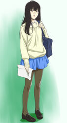  bag black_hair blush brown_eyes brown_pantyhose chiba_saori commentary_request female hourou_musuko legs long_hair open_mouth pantyhose paper sawa_jaaji school_bag school_uniform skirt solo sweater 