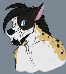  2015 amocin anthro blizzard_entertainment blue_eyes bovid bovine canid digital_media_(artwork) druids_the_comic fur hair hybrid looking_at_viewer male mammal serid_(amocin) smile solo tauren unfinished warcraft were werecanid worgen 