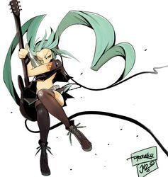  aqua_eyes aqua_hair commentary_request female guitar hatsune_miku instrument jinbei long_hair skirt solo thighhighs twintails very_long_hair vocaloid 