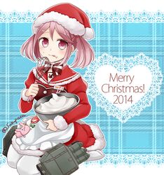  2014 :q apron blush bow bowtie christmas commentary_request dress female food food_on_face frilled_apron frills fur_trim hair_bobbles hair_ornament hat kantai_collection long_sleeves looking_at_viewer maid merry_christmas mixing_bowl no_shoes pink_eyes pink_hair puffy_long_sleeves puffy_sleeves rabbit red_dress santa_costume santa_hat sazanami_(kancolle) seiza sitting solo suzuka_(rekkyo) tongue tongue_out whisk white_legwear 