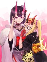  2girls bad_id bad_pixiv_id black-framed_eyewear blonde_hair blush bob_cut choker commentary_request facial_mark fang_out fate/grand_order fate_(series) fingernails glasses hair_ornament hair_scrunchie headpiece highres horns ibaraki_douji_(dress_for_demons)_(fate) ibaraki_douji_(fate) japanese_clothes kimono long_hair looking_at_viewer multiple_girls nail_polish obi oerba_yun_fang oni pointy_ears purple_eyes purple_hair purple_nails purple_scrunchie rimless_eyewear sash scrunchie sharp_fingernails short_eyebrows short_hair shuten_douji_(dress_for_demons)_(fate) shuten_douji_(fate) skin-covered_horns smile tattoo twintails yellow_eyes yukihama 