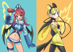  2girls armpits bare_shoulders bat_wings blonde_hair blue_eyes blue_jacket commentary_request cosplay crop_top cropped_jacket elesa_(pokemon) emolga emolga_(cosplay) gloves hair_bun headphones jacket midriff mono_land multiple_girls navel pantyhose photoshop_(medium) pokemon pokemon_(creature) pokemon_bw red_hair short_shorts shorts single_hair_bun skyla_(pokemon) swoobat swoobat_(cosplay) wings 