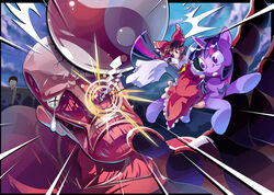  black_eyes border brown_eyes brown_hair chinese_commentary clenched_teeth colossal_titan commentary_request crossover eren_yeager female gohei hakurei_reimu highres jaw_drop multicolored_hair multiple_crossover my_little_pony my_little_pony:_friendship_is_magic oversized_object photoshop_(medium) pony_(animal) purple_eyes riding shingeki_no_kyojin tail tears teeth titan_(shingeki_no_kyojin) touhou twilight_sparkle_(mlp) unicorn wide-eyed x_x xin_yu_hua_yin yin_yang 