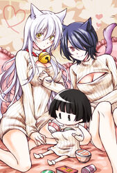  3girls animal_ears bell black_hair blunt_bangs blush commentary_request cup_ramen fox_ears genderswap_(mtf) gugure!_kokkuri-san ichimatsu_kohina instant_soba instant_udon inugami_(gugukoku) kokkuri-san_(gugukoku) long_hair maruchan_akai_kitsune_udon maruchan_midori_no_tanuki_tensoba meme_attire multiple_girls open-chest_sweater photoshop_(medium) reitomo rule_63 short_hair sweater white_hair yellow_eyes 