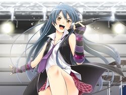  blue_hair deardrops gloves kaguya_riho long_hair necktie singing skirt sweat tsundere yellow_eyes 