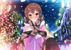  aoyama_nanami blurry blush bokeh brown_hair building christmas christmas_lights commentary_request depth_of_field diffraction_spikes eyes_visible_through_hair female fur_trim hair_between_eyes hairband highres long_sleeves looking_at_viewer night nose_blush open_mouth out_of_frame outdoors photoshop_(medium) pink_hairband plaid plaid_scarf pov pov_hands sakura-sou_no_pet_na_kanojo scarf skyscraper smile snow solo_focus uiu winter winter_clothes yellow_eyes 