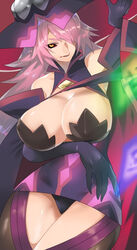  bare_shoulders black_sclera blazblue blazblue:_central_fiction breast_hold breasts cleavage curvy detached_sleeves dress erect_nipples female female gloves hair_over_one_eye huge_breasts jerun konoe_a_mercury large_breasts long_hair looking_at_viewer magic panties pantyshot phantom_(blazblue) pink_hair smirk solo thighhighs underwear wide_hips witch_hat yellow_eyes 