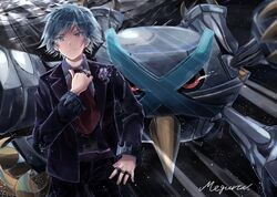  1boy claws formal jewelry male male_focus mega_metagross pokemon pokemon_(game) pokemon_oras red_eyes ring short_hair silver_hair smile suit tsuwabuki_daigo 