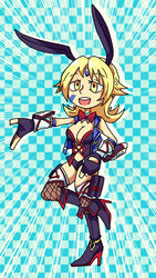  :d animal_ears black_footwear black_gloves blonde_hair boots bow bowtie breasts bunny_ears checkered checkered_background cleavage cross-laced_clothes detached_collar drop_shadow emphasis_lines eyebrows_visible_through_hair facial_mark fingerless_gloves fishnet_legwear fishnets flipped_hair forehead_jewel full_body gloves high_heel_boots high_heels highres large_breasts leg_up long_hair open_mouth project_x_zone project_x_zone_2 red_bow red_neckwear round_teeth setz sheath_(pxz) smile solo standing standing_on_one_leg teeth thighhighs thighs yellow_eyes 