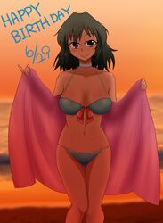  bangs beach bikini black_hair blue_bikini blurry blurry_background blush breasts choker collarbone dark_skin eyebrows_visible_through_hair female female hands_up happy_birthday highres horizon idolmaster large_breasts looking_at_viewer medium_hair natalia_(idolmaster) navel neichii ocean orange_sky outdoors purple_eyes shiny shiny_hair shiny_skin skindentation sky smile solo standing sunset swimsuit towel water white_choker 