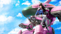  blue_sky bodysuit brown_hair cannon d.va d.va_(overwatch) female hana_song headphones krysdecker long_hair mecha overwatch sitting sky solo 