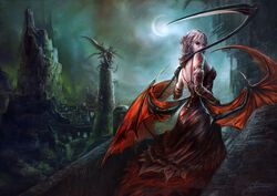  back bare_shoulders bat_wings castle cloud commentary_request creature dress female gloves glowing hayaken_sarena looking_at_viewer monster moon multiple_wings night original over_shoulder photoshop_(medium) pink_hair ruins scenery scythe sitting sky solo tail vampire weapon weapon_over_shoulder white_hair wings 